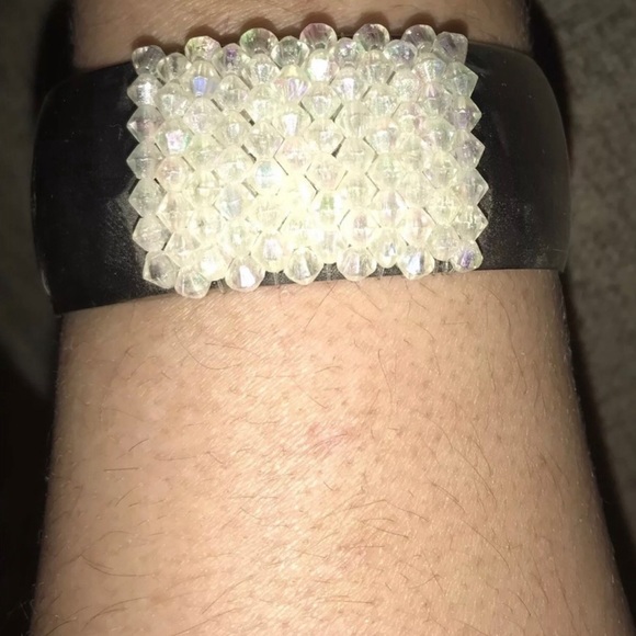 Aurora Borealis Geometric Square Beaded Large Thick Stainless Steel Cuff Bangle - Picture 7 of 12